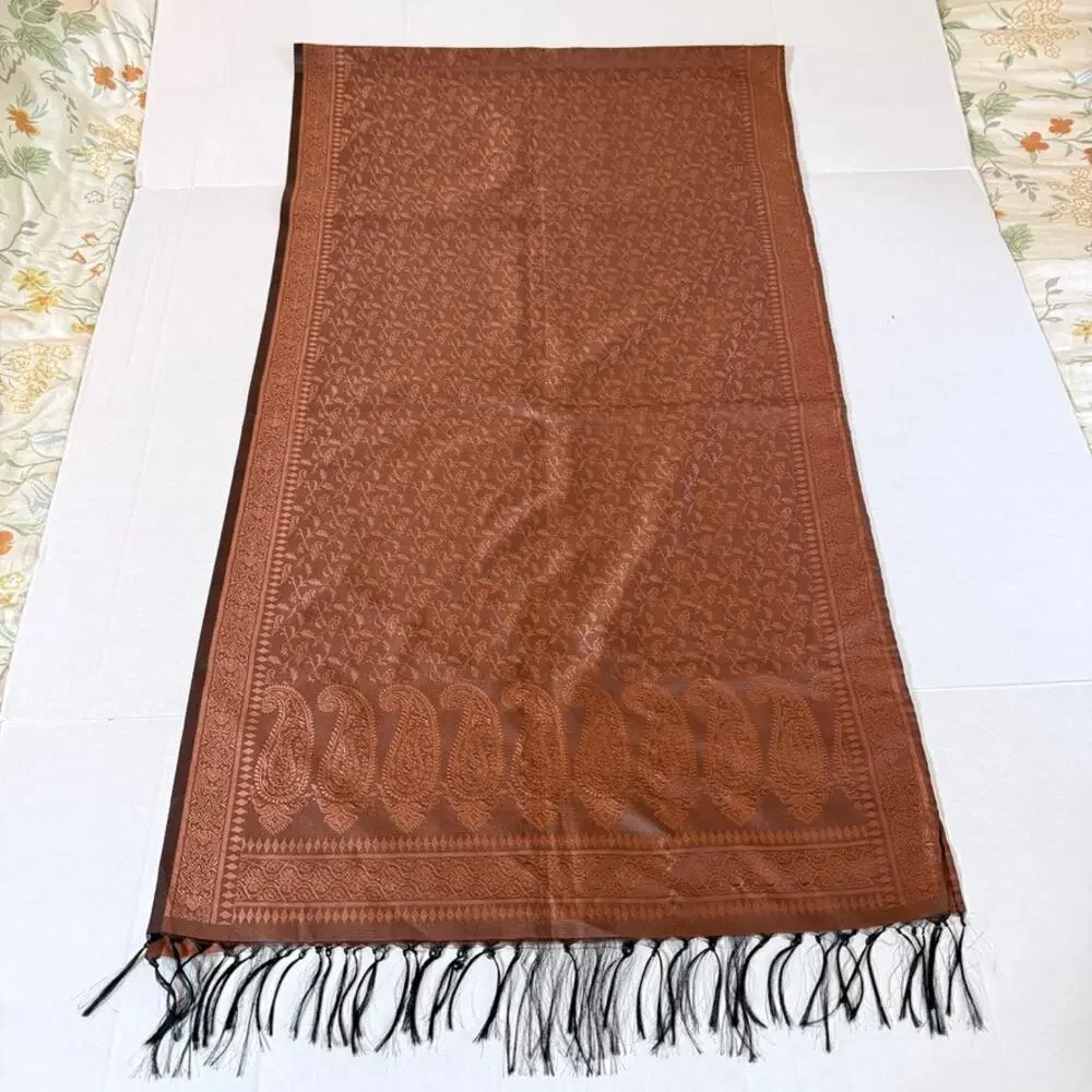 Silk Paisley Pashmina Shawl Wrap OS Brown Fringe Vintage Fall Boho Cottagecore